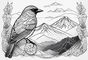 Geometric Black and white bird outline with mountains in distance tattoo idea