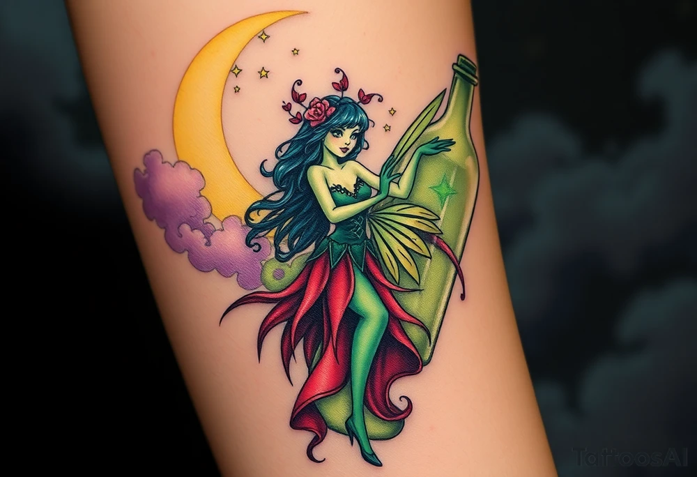 Tim Burton’s kelly doty pin up style Vintage Parisian elegant and hauntingly beautiful yet eerie full body absinthe Green Fairy dances outside her victorian crystal decatur she was once inside this elaborate ornate bottle absinthe bottle Absinthe Art Nouveau   and dripping with muted reds, dusty pinks, and eerie green glow.purple and cyan smokey clouds swirl in the crescent moonlit sky thats sprinkled with stars tattoo idea
