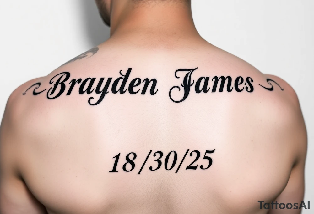 Brayden James name tattoo on forearm with dob 08/30/25 mother son dedicated tattoo idea