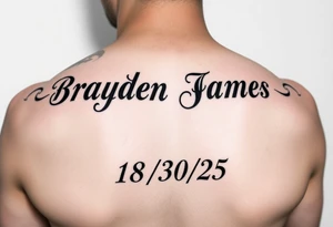 Brayden James name tattoo on forearm with dob 08/30/25 mother son dedicated tattoo idea