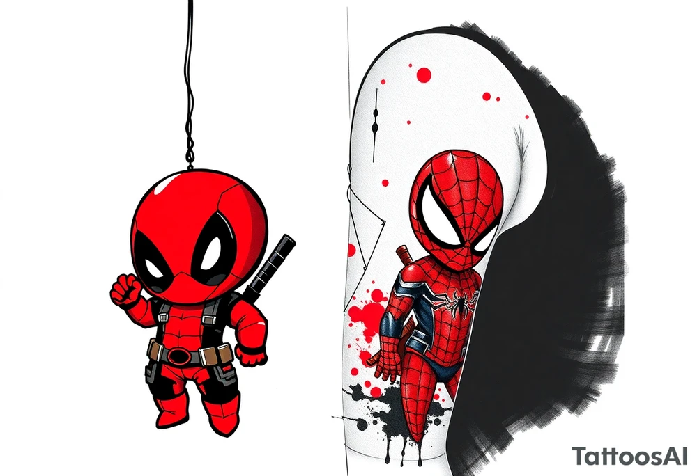 Project: Upper Arm Half-Sleeve Tattoo (Chibi Marvel Duo)
Placement: Upper Arm (Shoulder cap down to just above the elbow)
Reference Images: Chibi Deadpool (Image 1) and Chibi Spider-Man (Image 2)
Design Request & Layout:
* Please stack the characters dynamically to fit my upper arm. I'd like Deadpool positioned near the top/shoulder cap, and Spider-Man sitting near the bottom/above the elbow.
* Use the dangling spider and its web thread, along with loose, energetic construction lines, to transition between the two characters and wrap the design around the arm.
Art & Color Style:
* Linework: Please harmonize both characters into a singular, unified style—blending Deadpool's clean comic ink lines with Spider-Man's raw, cross-hatched sketchbook aesthetic.
* Color: The base of the tattoo should be gritty black-and-grey sketch shading. However, I want vibrant pops of red on their suits.
* The Splatter Effect: Instead of keeping the red cleanly inside the lines, please style the red color as a loose, dynamic watercolor/ink splatter effect that bursts out past their outlines and fades into the negative skin space. tattoo idea