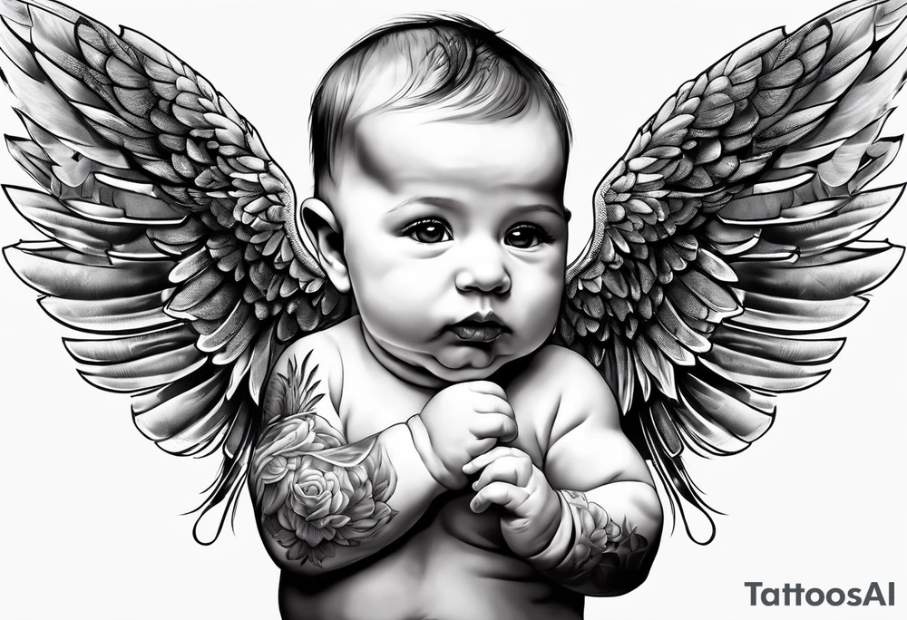 Tattooed baby with angel wings. Name Leah written under in gothic letters. tattoo idea