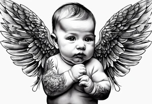 Tattooed baby with angel wings. Name Leah written under in gothic letters. tattoo idea