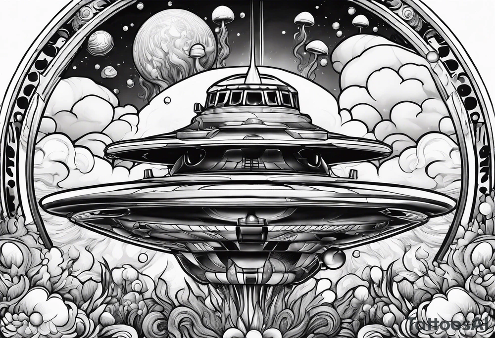 thinner rocketship with a psychedelic mushroom top with fire coming out the bottom bursting out of bubble as the bubble pops tattoo idea
