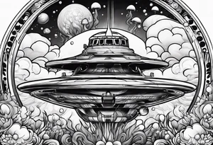thinner rocketship with a psychedelic mushroom top with fire coming out the bottom bursting out of bubble as the bubble pops tattoo idea