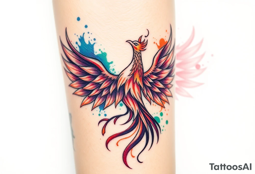 Phoenix in flames with purple, blue, orange, teal and green splashes, looking upwards. Materializing from below. tattoo idea