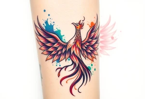 Phoenix in flames with purple, blue, orange, teal and green splashes, looking upwards. Materializing from below. tattoo idea