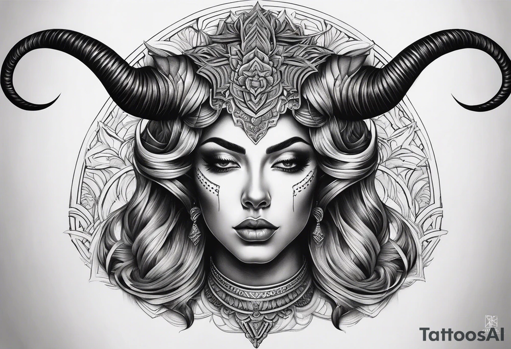 symmetrical woman head with curved horns facing downwards dark realism looking front facing view, ultra-detailed, high quality, high sharpness, hyper-realism, hyper-photorealistic, hyper-realistic tattoo idea