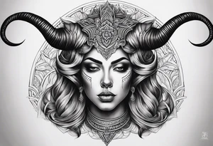 symmetrical woman head with curved horns facing downwards dark realism looking front facing view, ultra-detailed, high quality, high sharpness, hyper-realism, hyper-photorealistic, hyper-realistic tattoo idea