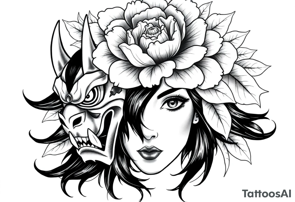 black-and-grey tattoo-style design that blends multiple symbolic elements into one cohesive piece.
At the center is a woman’s face, rendered with delicate shading and lifelike detail. Her expression is calm and contemplative, her eyes soft yet intense, drawing the viewer’s focus. Flowing black hair frames her face and cascades downward, contrasting against the lighter tones around her.
On the left side of her face, her features transition seamlessly into a Japanese Oni mask. The mask is fierce and dramatic, with sharp angles, a snarling mouth, and an intimidating eye, embodying power, danger, and hidden darkness. This creates a dramatic duality — half beauty, half demon — representing the contrast between inner peace and inner struggle, or perhaps the balance of light and dark within a person.
Above the head, there is a large, blooming peony flower surrounded by bold, layered leaves. The peony, a traditional motif in Japanese tattoo art, symbolizes beauty, honor, wealth, and resilience. Its detailed petals soften the intensity of the Oni mask and add elegance to the design.
Wrapping around the composition is a thick rope, a common feature in Japanese art that often signifies binding, strength, or fate. It weaves through the mask, flowers, and around the woman, visually tying the elements together.
At the bottom, more floral details balance the composition, with another blooming flower integrated beneath the mask and woman’s chin, completing the design with harmony and flow. tattoo idea