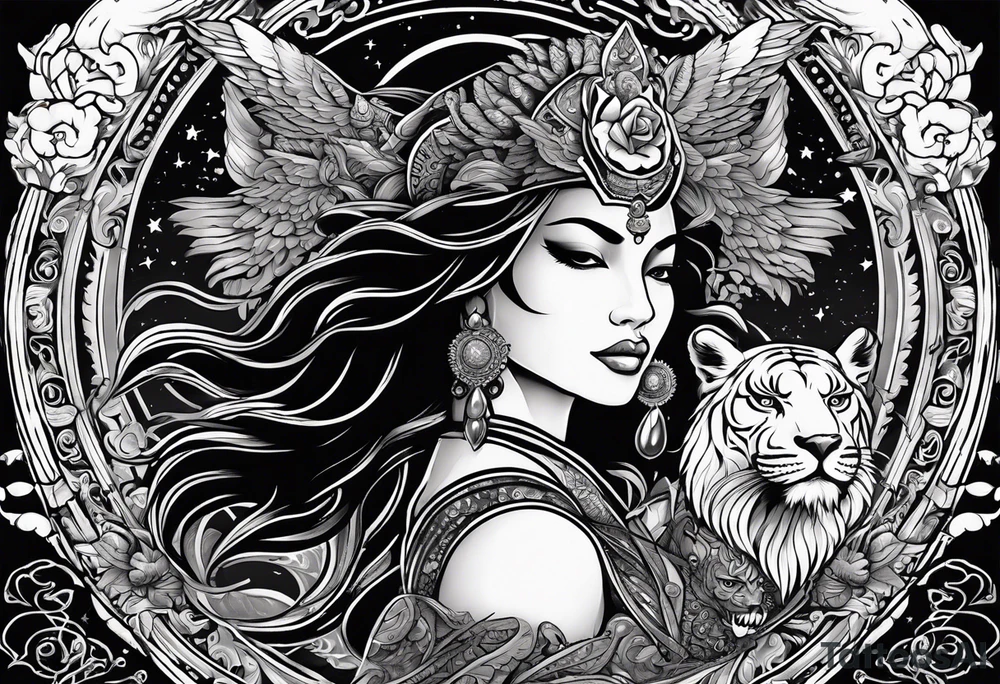 black kali, goddess pirate, alien, angel, pachamama, valkrye, warrior, flying, skull, lotus azul, wing, eagle, zenza resonance, stars, 5D, anahata chakra, death, durga, riding on a tiger, flying lady, kundalini, chest tatoo, samuri, rebel,serpent tattoo idea