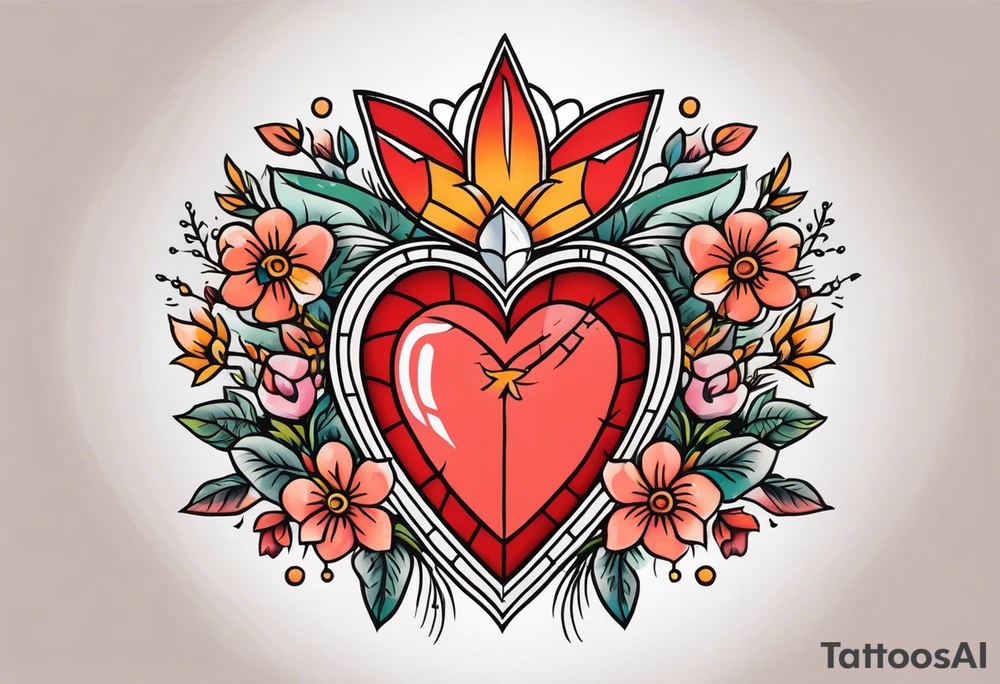 sacred heart traditonal vintage tattoo colorful with flowers tattoo idea