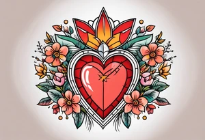 sacred heart traditonal vintage tattoo colorful with flowers tattoo idea