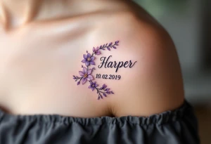 Hana 10. 02. 2019) – Soft violet and lilac flowers winding around Harper's birthdate, with subtle silver details. tattoo idea