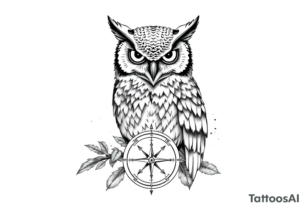 an owl,a compass,landscape. tattoo idea
