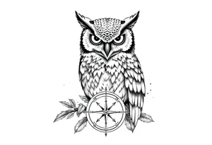 an owl,a compass,landscape. tattoo idea