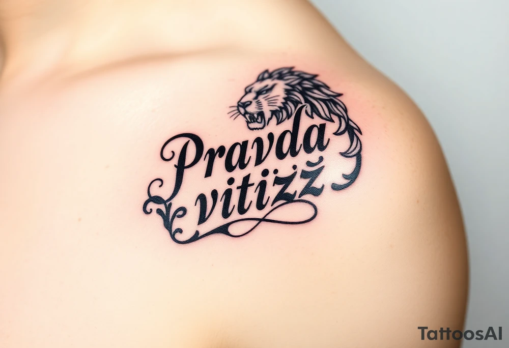 "Pravda vítězí" (Truth Prevails) in elegant calligraphy, intertwined with the Czech lion’s mane, in bold black ink. tattoo idea