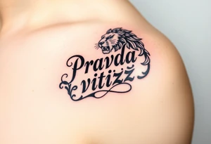 "Pravda vítězí" (Truth Prevails) in elegant calligraphy, intertwined with the Czech lion’s mane, in bold black ink. tattoo idea