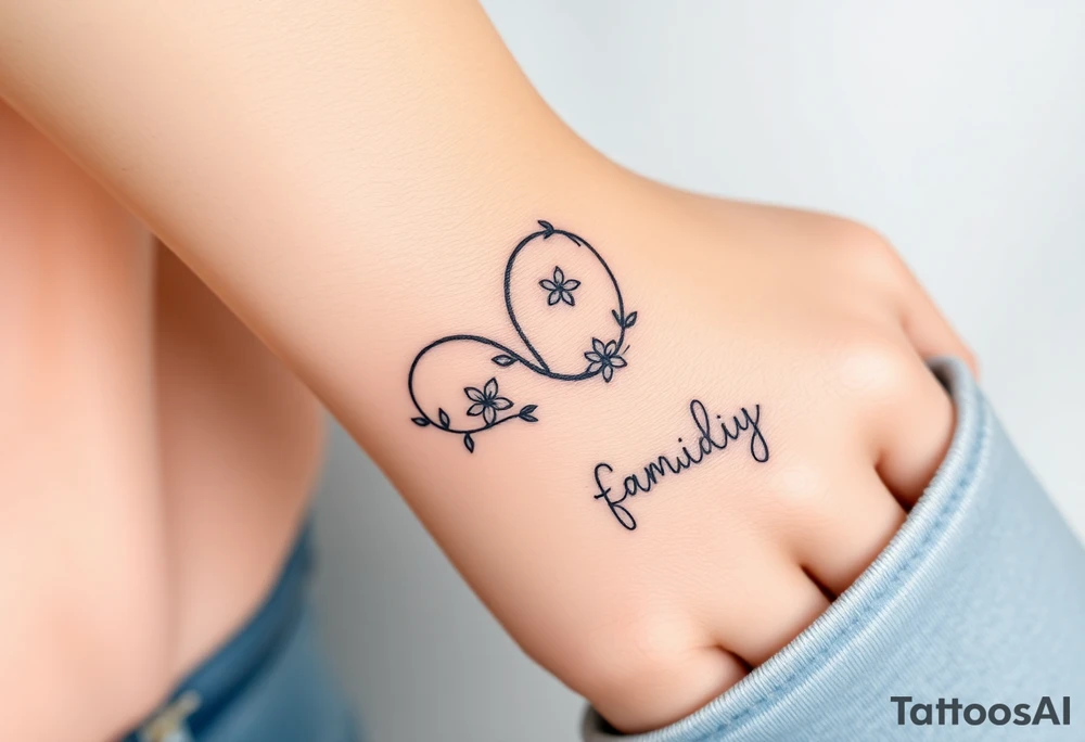 An infinity symbol made of intertwined vines, with delicate flowers blooming along its curves, and family sign tattoo idea