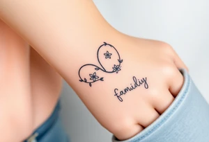 An infinity symbol made of intertwined vines, with delicate flowers blooming along its curves, and family sign tattoo idea