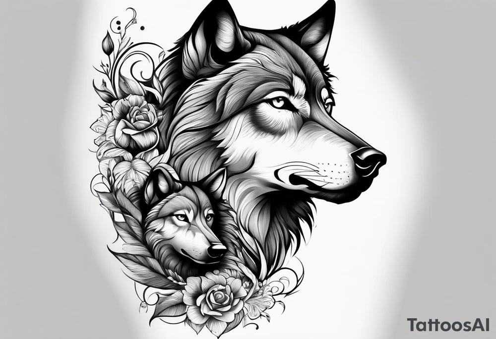a wolf and a woman with the same eye tattoo idea