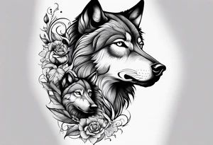 a wolf and a woman with the same eye tattoo idea