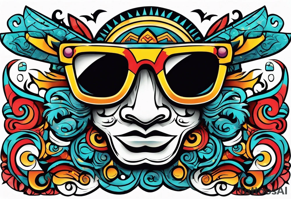 Colorful Mayan hieroglyph wearing sunglasses with waves and bats tattoo idea