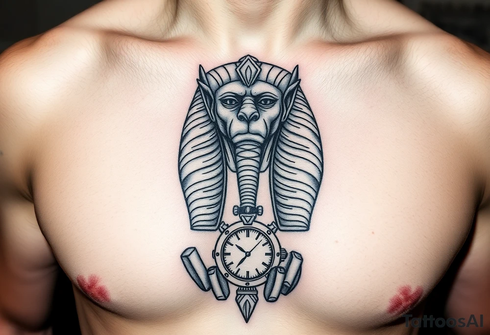 6. Esfinge descompuesta
Rostro de la Gran Esfinge, pero desmoronándose en bloques de piedra o arena flotante.

Puedes combinarlo con un reloj de arena dentro del pecho. tattoo idea