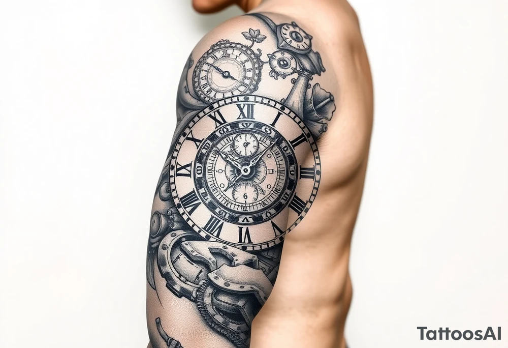 vintage roman numerals within ornate clockwork mechanism tattoo idea