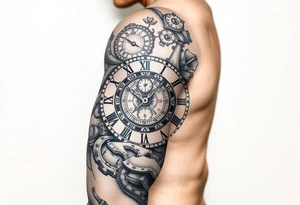 vintage roman numerals within ornate clockwork mechanism tattoo idea