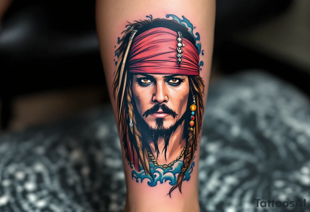 A detailed portrait of Jack Sparrow’s face, with his signature braided beard and beads, surrounded by a backdrop of swirling ocean waves in shades of deep blue and turquoise, creating a sense of adventure. tattoo idea