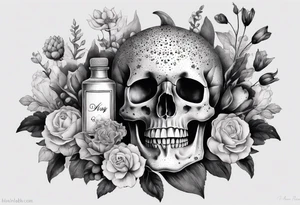 Flowers, potions, small skull, big flowers small snack with dot work in between tattoo idea