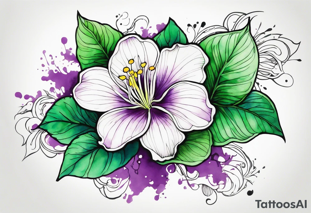 An outline of a rio dipladenia flower with a green and purple watercolor background tattoo idea