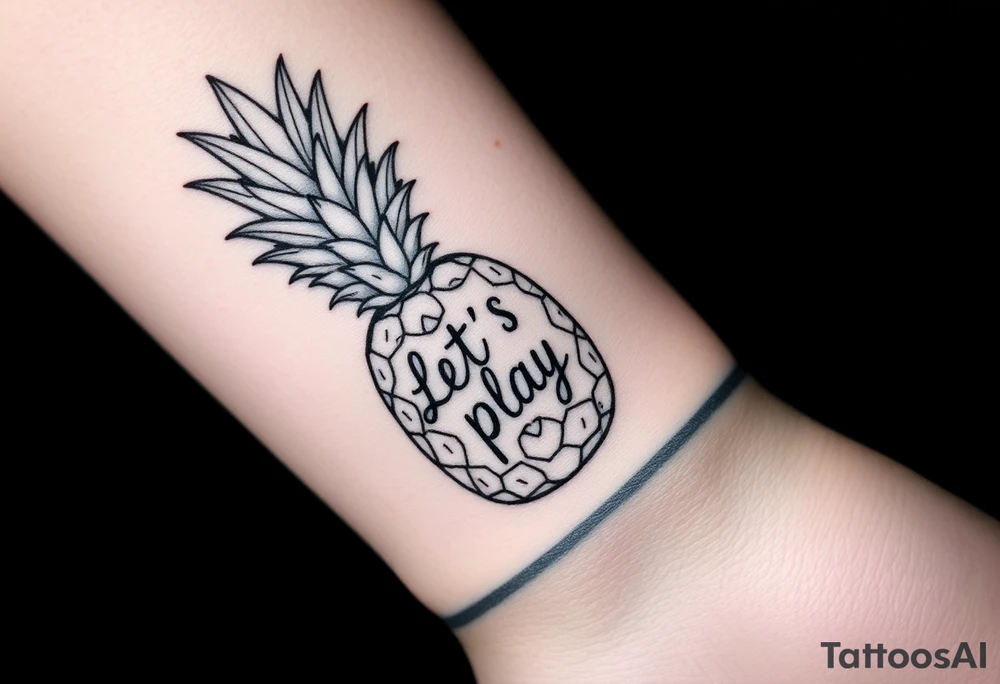A black ink wrist tattoo featuring a realistic yet minimalistic pineapple. The pineapple is finely detailed with clean, precise lines, capturing the natural texture of the fruit while keeping the design subtle and uncluttered. Inside the body of the pineapple, the phrase "Let's play" is clearly placed in a bold but not overly thick font, ensuring readability while maintaining balance with the overall design. The leaves of the pineapple have a fine-line style with slight variations in thickness for a natural feel. The tattoo blends fine details with subtle bold elements, creating a clean and modern aesthetic. tattoo idea
