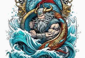Thor getting eaten by the world serpent in the ocean tattoo idea