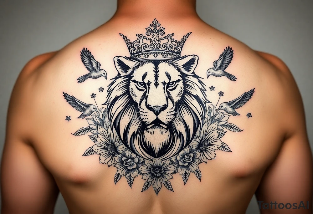 powerful majestic lion with a crown, surrounded by floral ornaments and birds tattoo idea