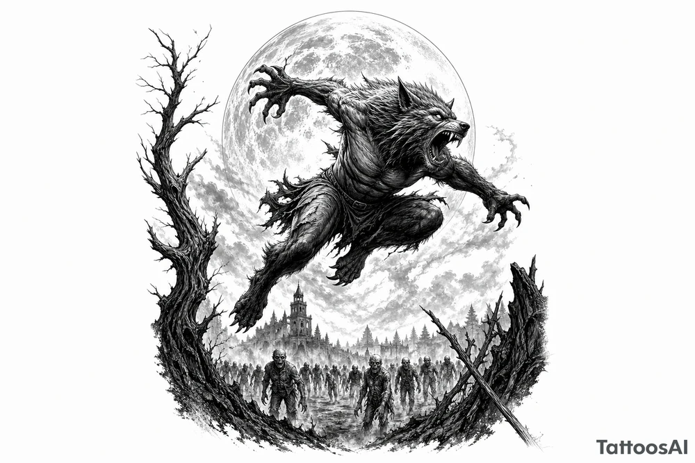 Silhouette of a werewolf leaping, full moon overhead, distant zombie horde. tattoo idea