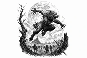 Silhouette of a werewolf leaping, full moon overhead, distant zombie horde. tattoo idea