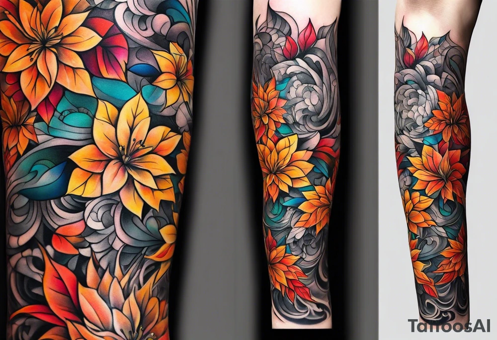 Arm Sleeve Tattoo with fall colors flat tattoo idea