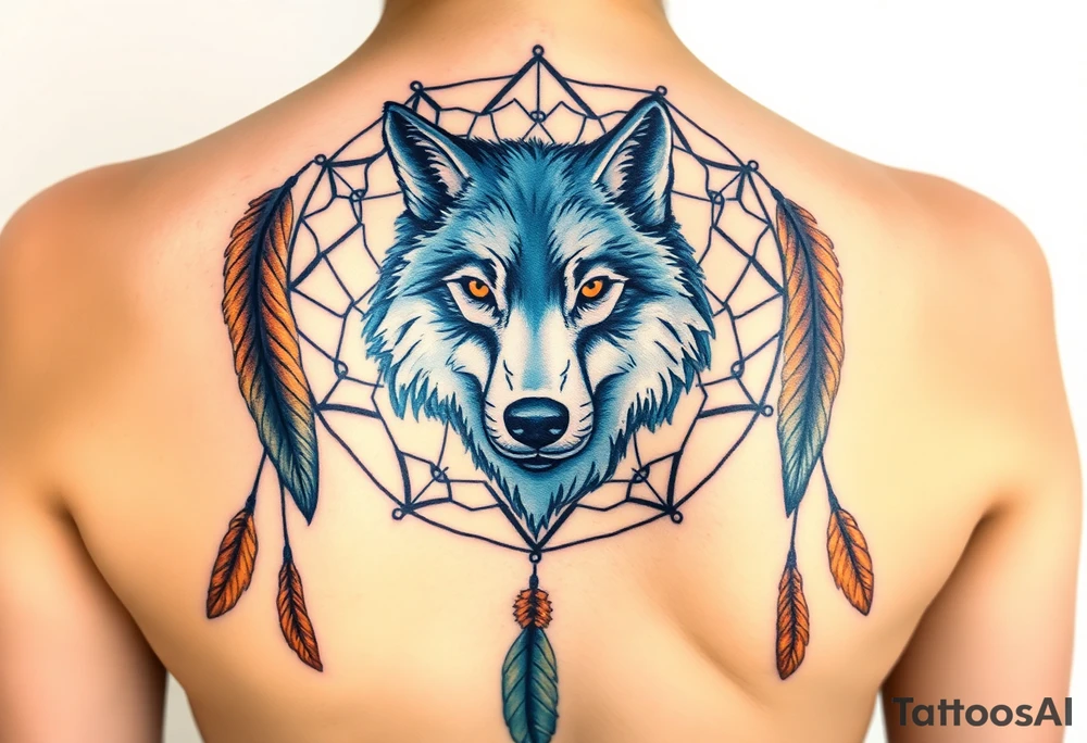 A dreamcatcher with a wolf’s face inside, with intricate feather patterns. The wolf’s fur is painted in cool tones of blue and silver, and the feathers are shaded in soft brown and gold tattoo idea