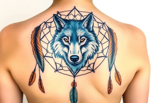 A dreamcatcher with a wolf’s face inside, with intricate feather patterns. The wolf’s fur is painted in cool tones of blue and silver, and the feathers are shaded in soft brown and gold tattoo idea