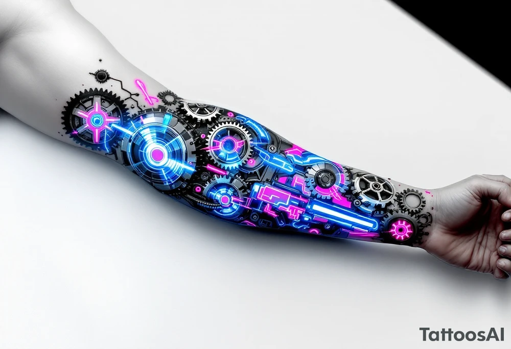 A biomechanical arm tattoo where gears spin under translucent synthetic skin lit with neon pink and cobalt blue veins. tattoo idea