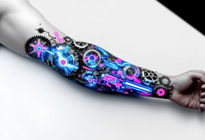 A biomechanical arm tattoo where gears spin under translucent synthetic skin lit with neon pink and cobalt blue veins. tattoo idea