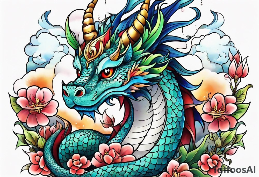 Japanese female Dragon cute, celestial, cross tattoo idea