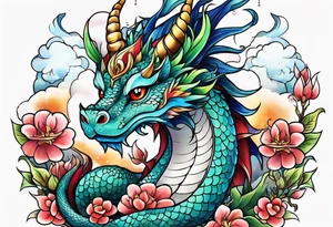 Japanese female Dragon cute, celestial, cross tattoo idea