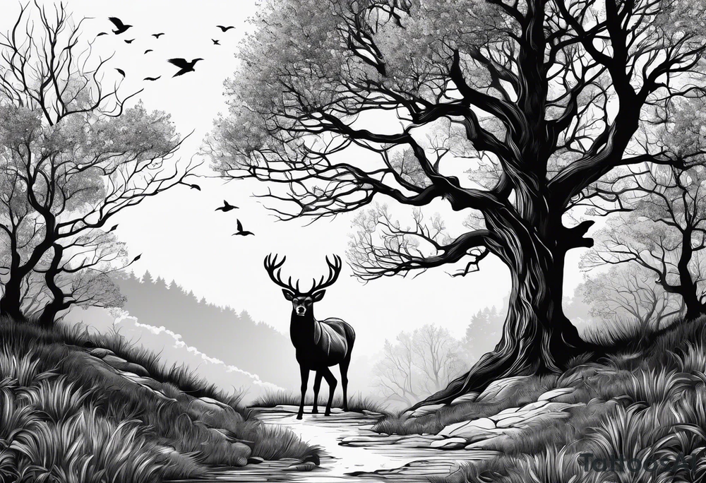 Trees with a tree stand and a deer in front tattoo idea