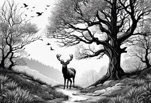 Trees with a tree stand and a deer in front tattoo idea