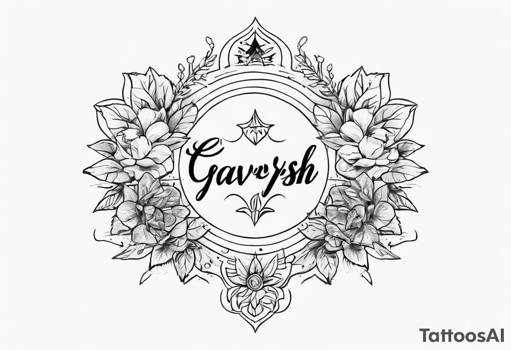 Sketch of tattoo inscription, in nature, above the stomach, under the chest, semicircle, Latin, in the style of letters, the word "GAVRYSH". tattoo idea