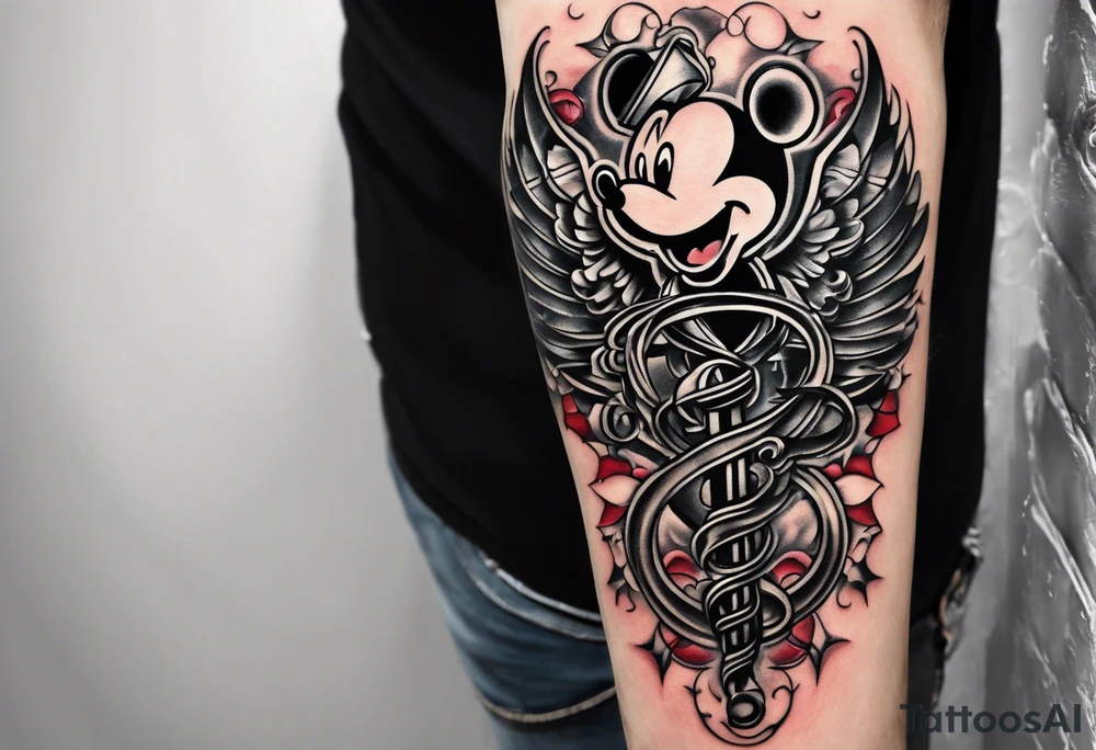 Tattoo full left arm with a collage of  a medicine caduceus and a mickey mouse silhouette tattoo idea