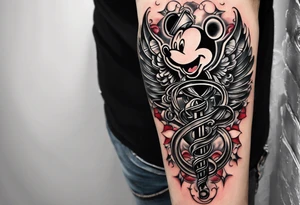 Tattoo full left arm with a collage of  a medicine caduceus and a mickey mouse silhouette tattoo idea